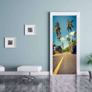 Road with Palms Theme Door Sticker Peel & Stick Vinyl Door Wrap Art Décor