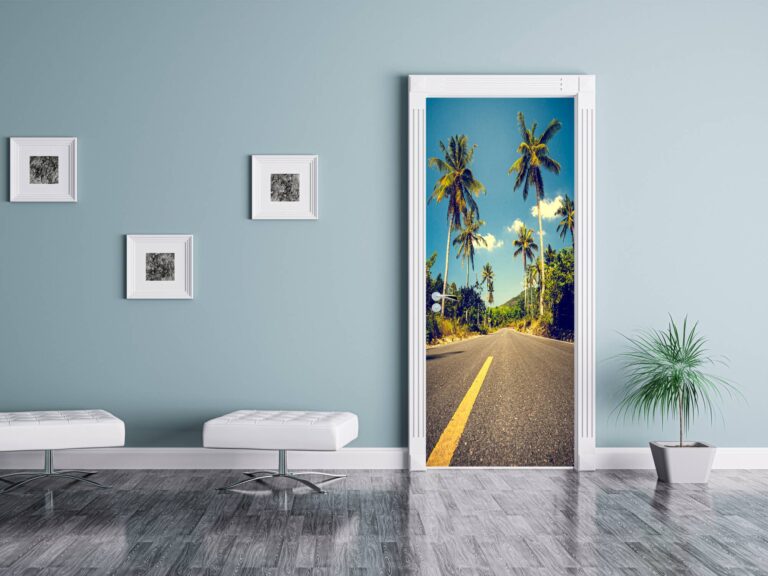 Road with Palms Theme Door Sticker Peel & Stick Vinyl Door Wrap Art Décor