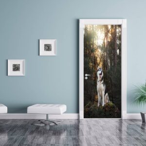 Husky In the Forest Door Sticker Peel & Stick Vinyl Door Wrap Art Décor