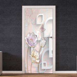 Abstract Floral White Background Door Sticker Peel & Stick Vinyl Door Wrap Art Décor