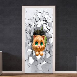 Cat Peeking From a Broken Wall Door Sticker Peel & Stick Vinyl Door Wrap Art Décor