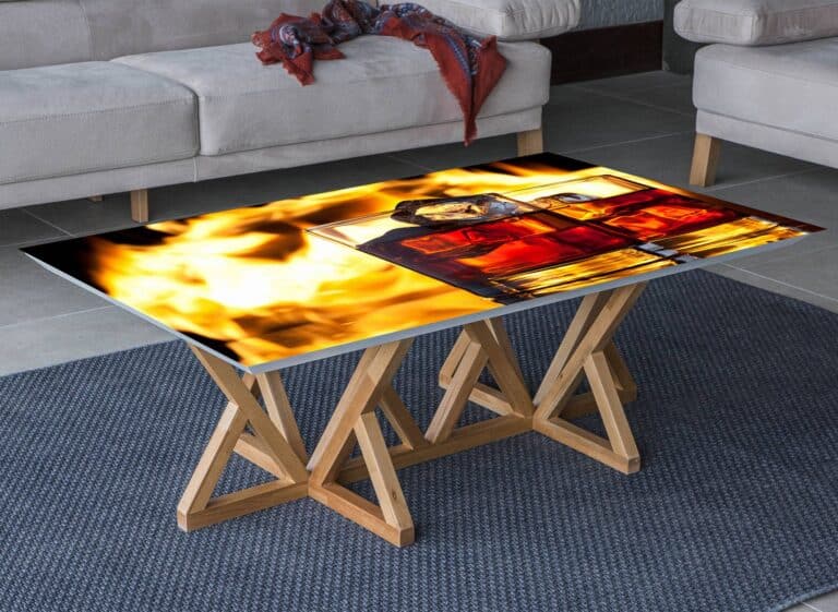 Whiskey Drink in Fire Table Wrap Sticker Laminated Vinyl Cover Self-Adhesive for Desk and Tables