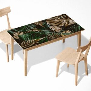Golden & Green Monstera Table Wrap Sticker Laminated Vinyl Cover Self-Adhesive for Desk and Tables