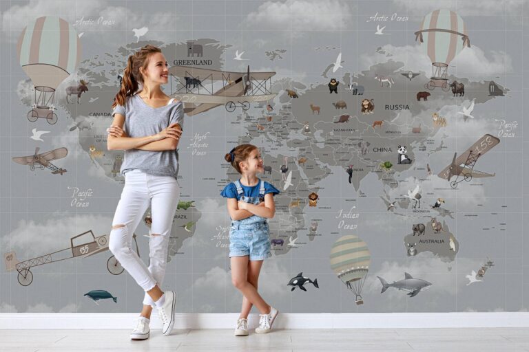 Grey World Map with Animals Wallpaper Photo Wall Mural Wall UV Print Decal Wall Art Décor