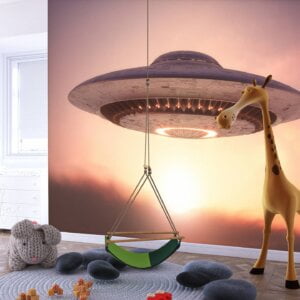 Child looking at Self-Adhesive UFO Wall Decor in bedroom