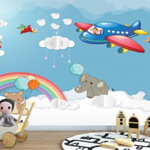 Airplane with Animals Kids Wallpaper Photo Wall Mural Wall UV Print Decal Wall Art Décor