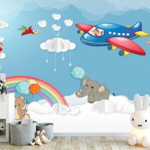 Airplane with Animals Kids Wallpaper Photo Wall Mural Wall UV Print Decal Wall Art Décor