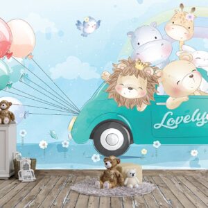 Little Animals Driving a Car Wallpaper Photo Wall Mural Wall UV Print Decal Wall Art Décor