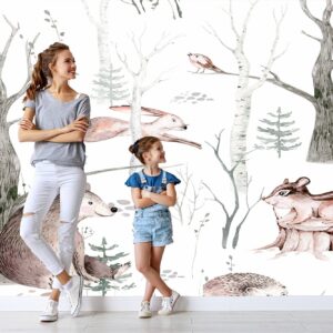 Animals in Forest Scandinavian Style Wallpaper Photo Wall Mural Wall UV Print Decal Wall Art Décor