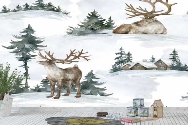 Deer in Winter Scenery Kids Wallpaper Photo Wall Mural Wall UV Print Decal Wall Art Décor