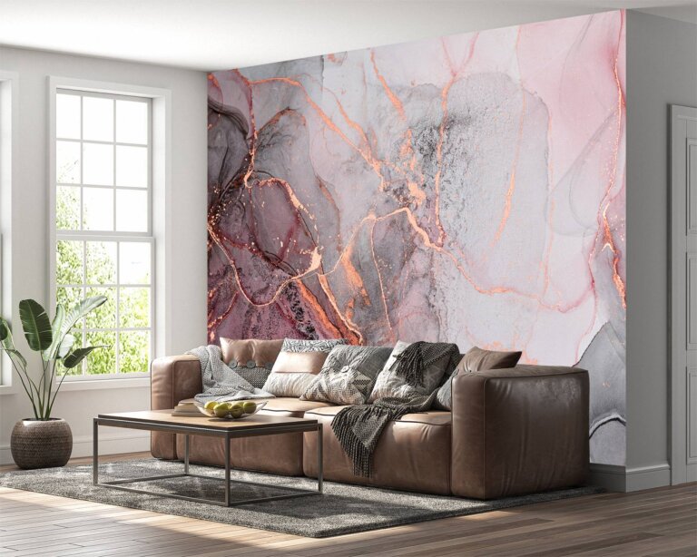 Sophisticated Pink Marble Wallpaper for a modern bedroom refresh.