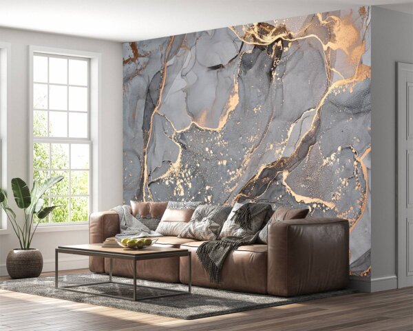 Sophisticated Grey Marble Wallpaper in a contemporary living room.