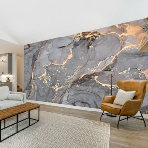 Timeless Grey Marble Wallpaper, creating a sophisticated backdrop in living rooms.