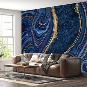 Elegant Blue Marble Art Deco Wallpaper in a serene bedroom setting