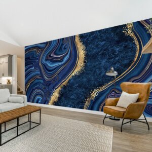 Art Deco Elegance in Bedroom Decor with Blue Marble Wallpaper.