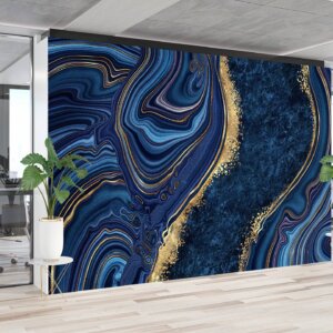 Blue Marble Art Deco Wallpaper, creating a luxurious bedroom atmosphere.