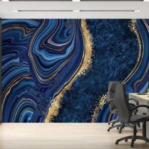 Luxurious Bedroom Wallpaper featuring Art Deco style blue marble design.