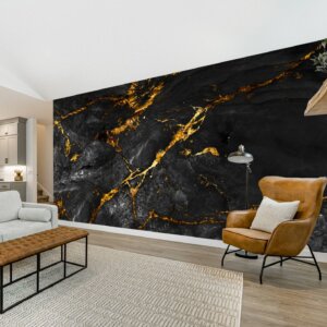 Bedroom Wall Elegance redefined with Luxurious Black Marble Wallpaper.