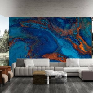 Blue and Orange Wallpaper - Peel and Stick Wallpaper, Office Wallpaper for Wall, Marble Wall Design, Wall Decoration, Removable Wallpaper