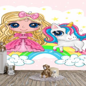 Fairy Tale Princess and Unicorn Wallpaper Photo Wall Mural Wall UV Print Decal Wall Art Décor