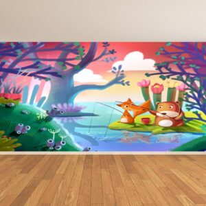 Fox and Bear by the River for Kids Wallpaper Photo Wall Mural Wall UV Print Decal Wall Art Décor