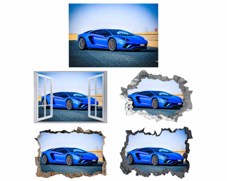 Blue Lamborghini Wall Sticker - Lamborghini Decal, Self Adhesive Wall Sticker, Digital Print, Wall Decor Bedroom, Removable Vinyl