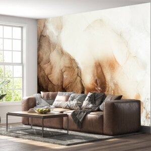 Sophisticated Brown Marble Art Deco Wallpaper in a stylish living room.