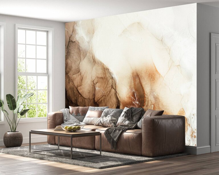 Sophisticated Brown Marble Art Deco Wallpaper in a stylish living room.