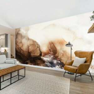Living Room Design uplifted with Brown Marble Wallpaper, embodying Art Deco elegance.
