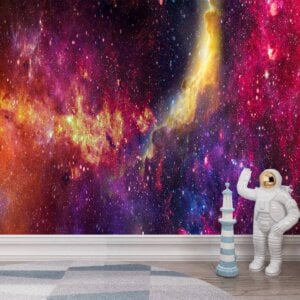 Space-Themed Room Decorated with Bright Nebula Wall Mural