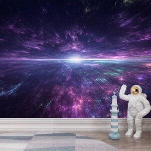 Space-Themed Room Decorated with Purple Nebula Wall Mural