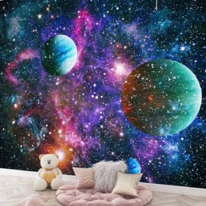 Space-Themed Room Decorated with Wall Mural of Solar System Orbits