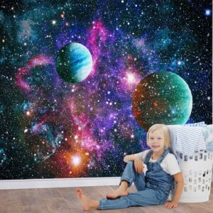 Child looking at Peel and Stick Wall Mural of Solar System Orbits in bedroom
