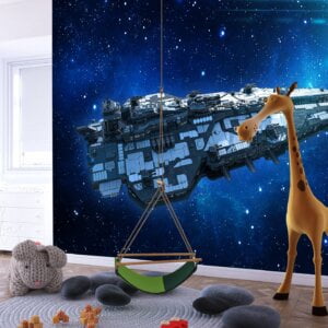 Space-Themed Room Decorated with Wallpaper of a Space Cruiser