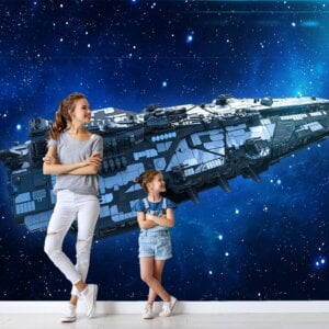 Child looking at Self-Adhesive Wallpaper of a Space Cruiser in bedroom