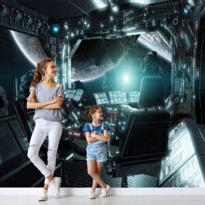 Child looking at Self-Adhesive Wall Mural of a Spaceship Cockpit in bedroom