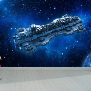 Space-Themed Room Decorated with Wall Mural of a Space Battleship