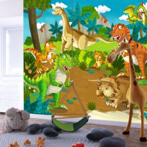 Vibrant cartoon dinosaur jungle scene with iconic Triceratops, T-Rex, and lush greenery.