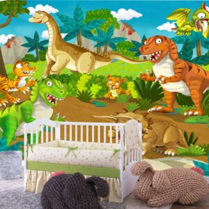 A visual treat of a lively dinosaur jungle with rich foliage and animated creatures.