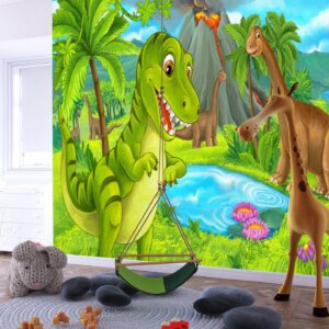 Dive into a prehistoric world with animated dinosaurs, a tranquil pond, and blooming flowers.