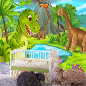 A visual treat of a lively dinosaur jungle with rich foliage and enchanting creatures.