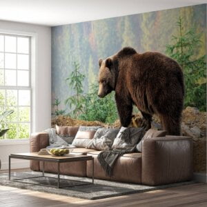 Bedroom wall adorned with bear wallpaper