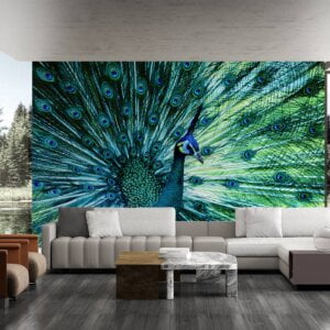 Living room adorned with peacock wall mural