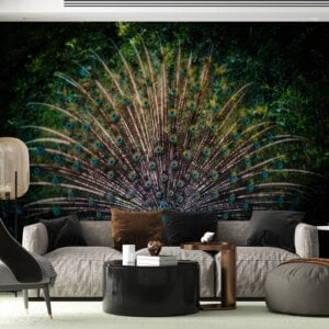 Living room adorned with peacock wall decor