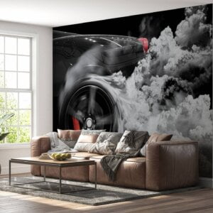 Modern bedroom wall adorned with supercar mural