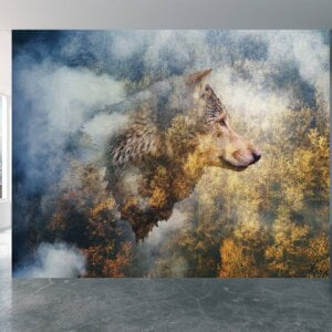 Close-up of detailed wolf wall mural design
