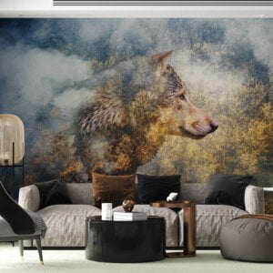 Bedroom adorned with wolf wall mural