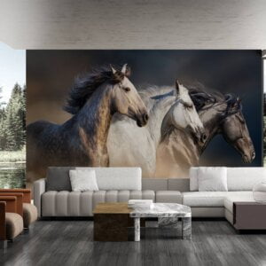 Living room adorned with horse wallpaper mural