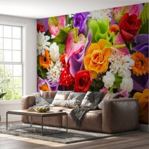 Vibrant floral design on bedroom wallpaper.