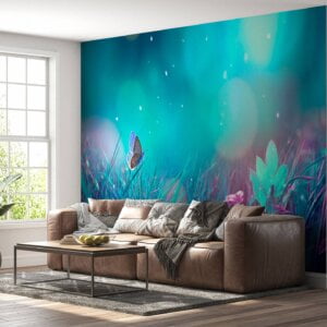 Rolled-up waterproof blue meadow living room wallpaper.